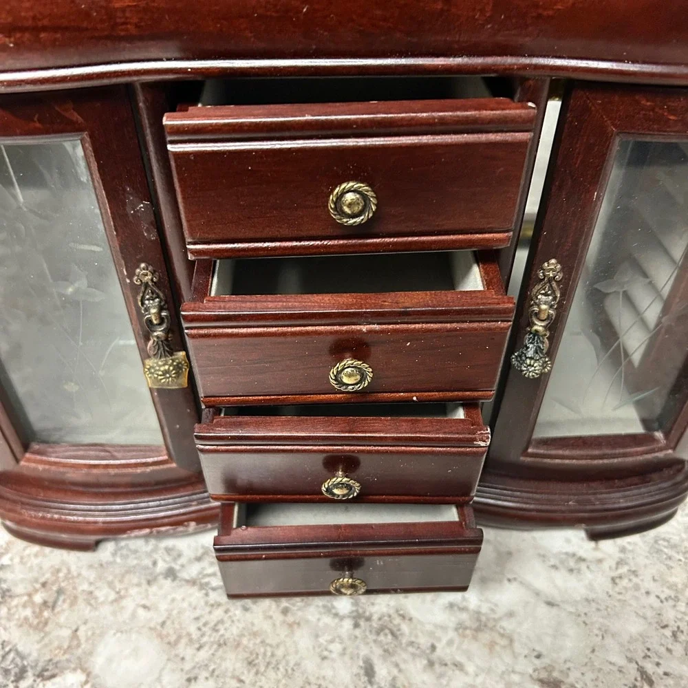 Vintage Wood Jewelry Armoire Large Brown Etched Glass 4-Drawer Rotating Hooks